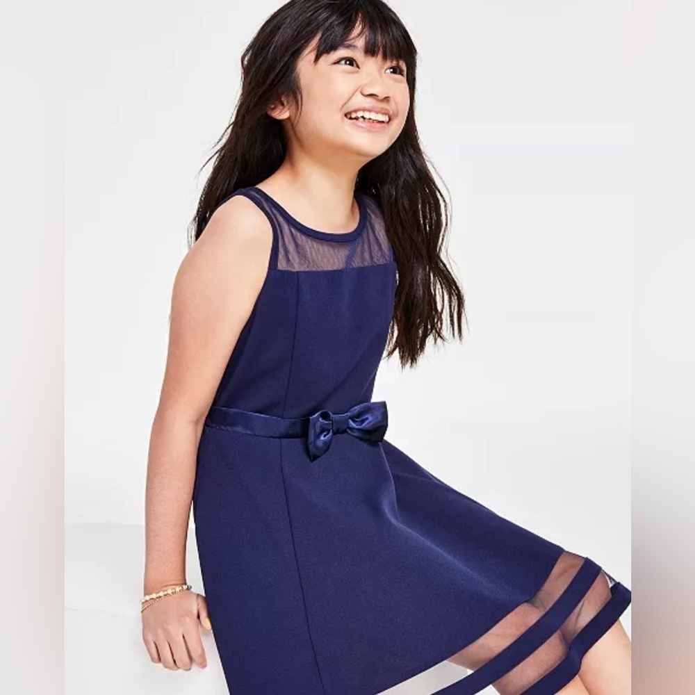 Calvin Klein Big Girls Illusion Mesh Bow Front Dress Navy Blue NWT Size 12